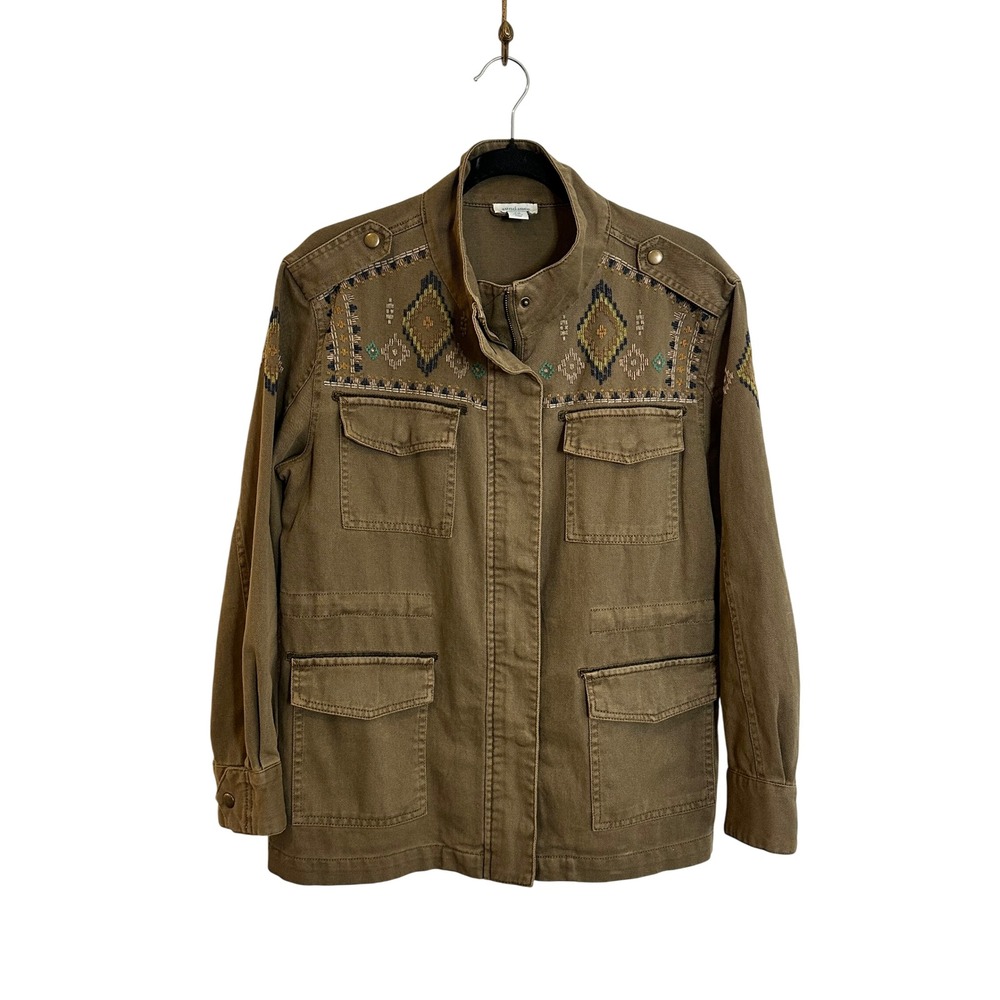 Sundance Twin Rivers Embroidered Utility Field Jacket‎ Size M Petite Olive Green